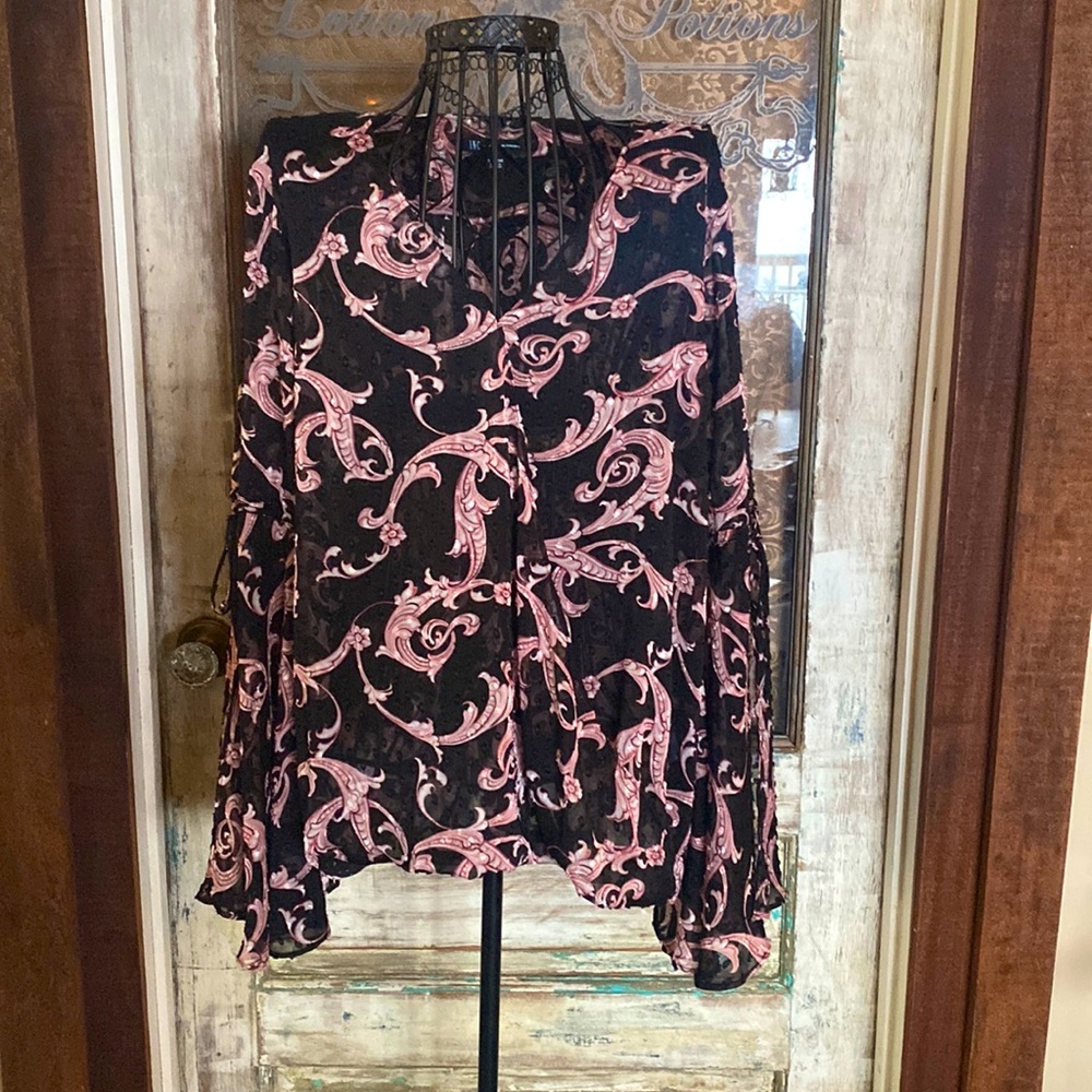 I N C x large blouse.  Black with pink hues.